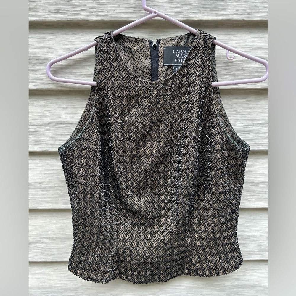 Carmen Marc Valvo Y2K metallic disco beaded sleeveless tank blouse size 4